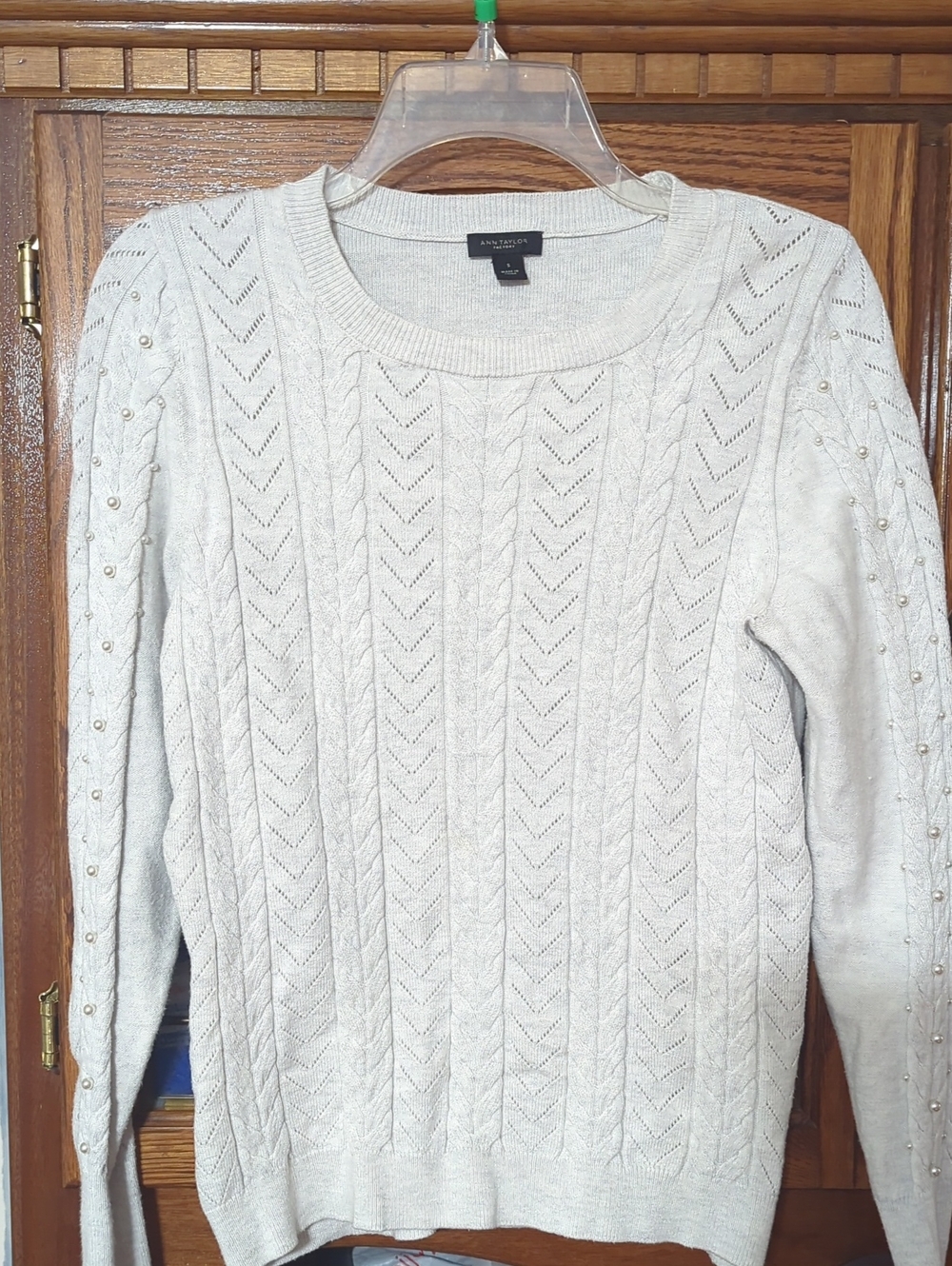 Ann Taylor Light Gray Cable-Knit Crewneck Sweater with Pearl Sleeve Detail